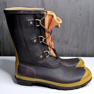 Hunter Sascha Rain Boots Women 10 Black Tan Lace Up Waterproof Rubber Duck Boots